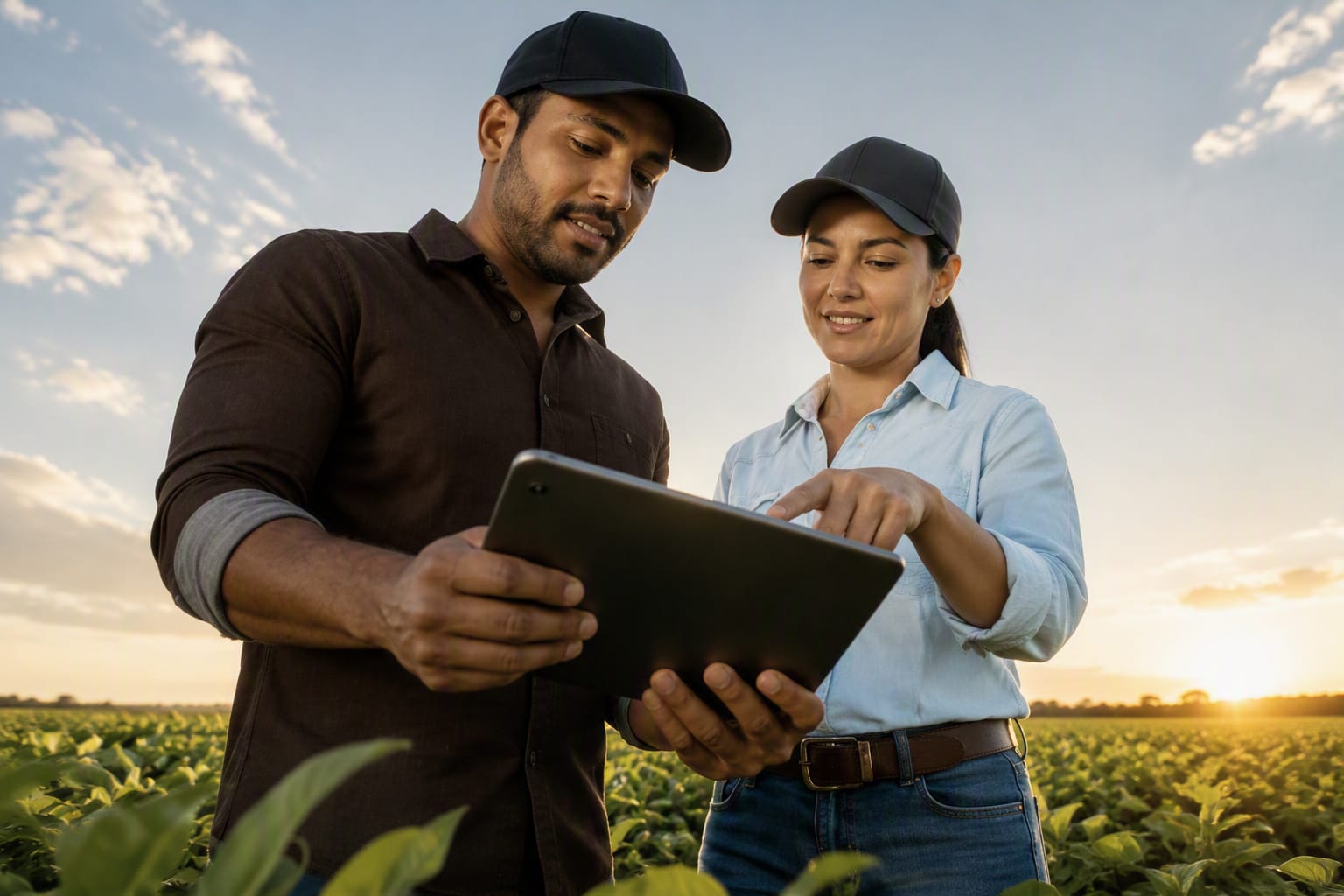 Produtores rurais conectados usando tablet no campo