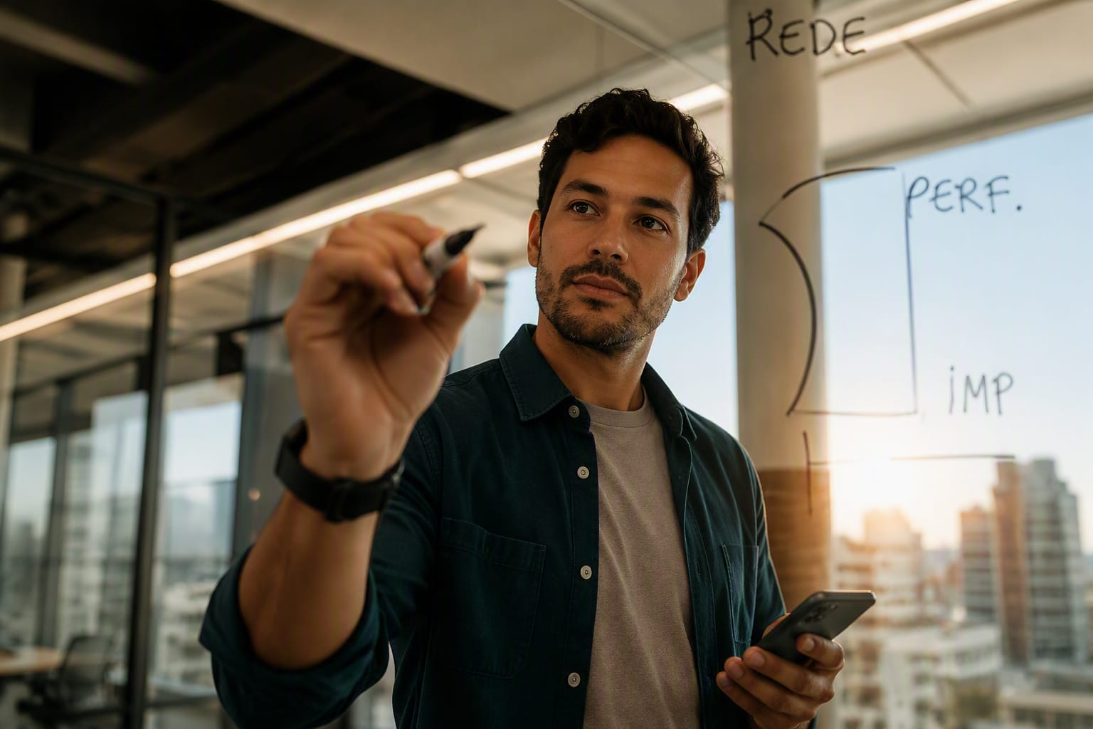 Engenheiro planejando rede em quadro de vidro